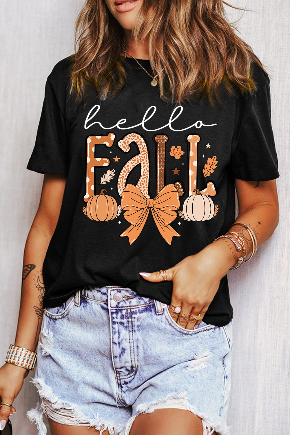 Black Hello Fall Thanksgiving Bow Pumpkin Graphic Tee - loveforevers