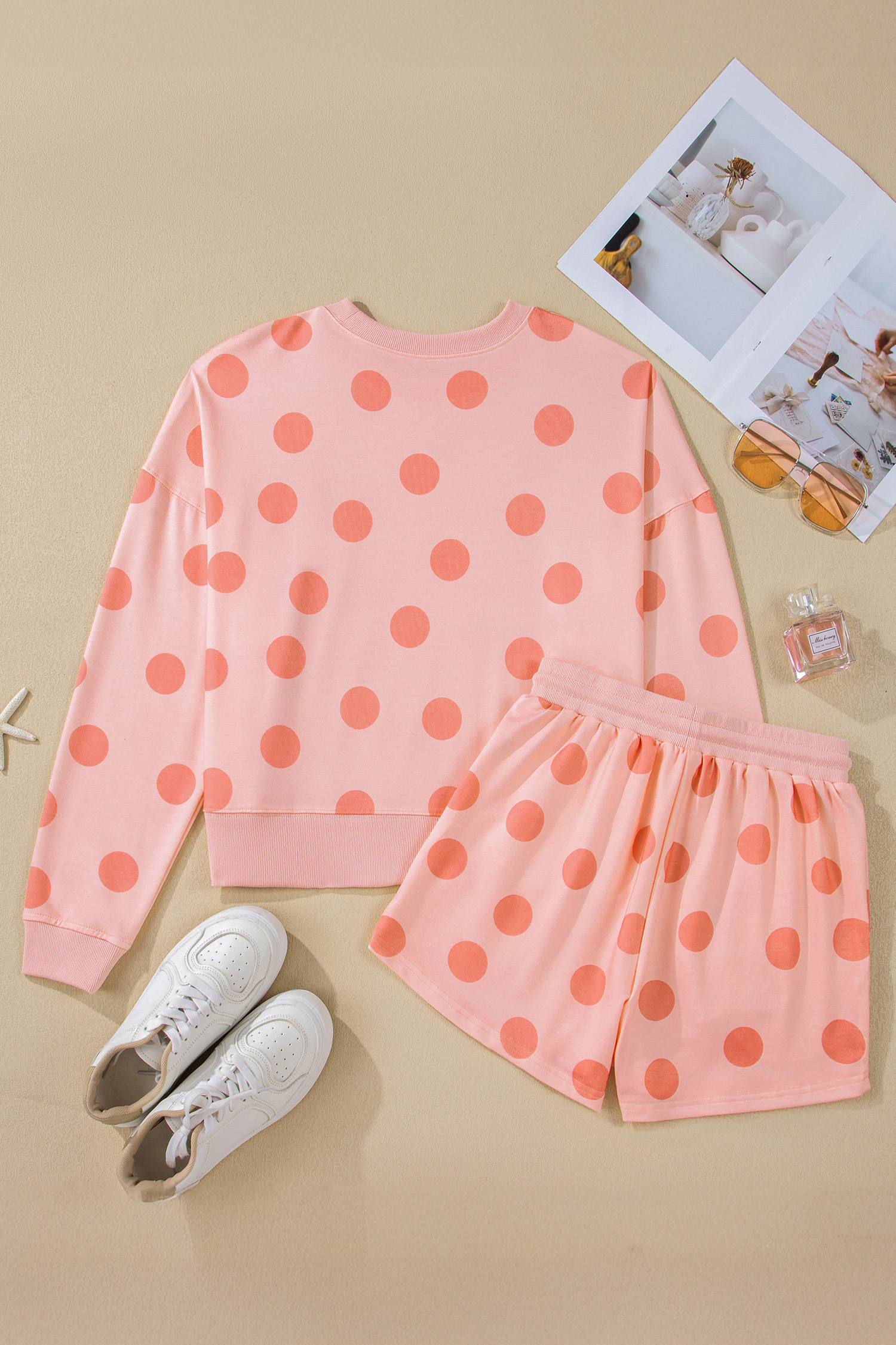 Beige Polka Dot Print Drop Shoulder Pullover Drawstring Jogger Pant Set - loveforevers