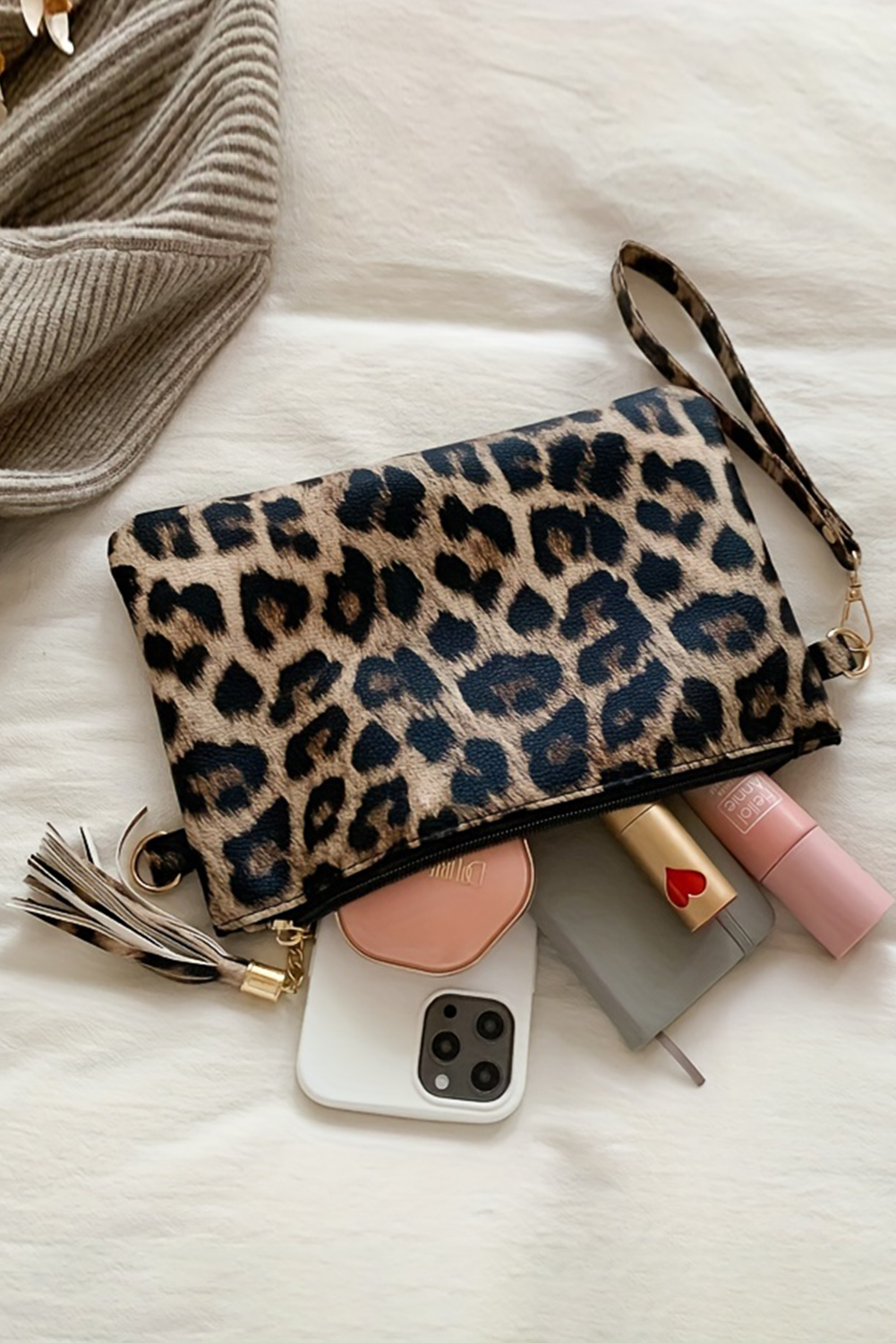 Chestnut Leopard/Cow Print Wrist Strap Zipped Wallet - loveforevers