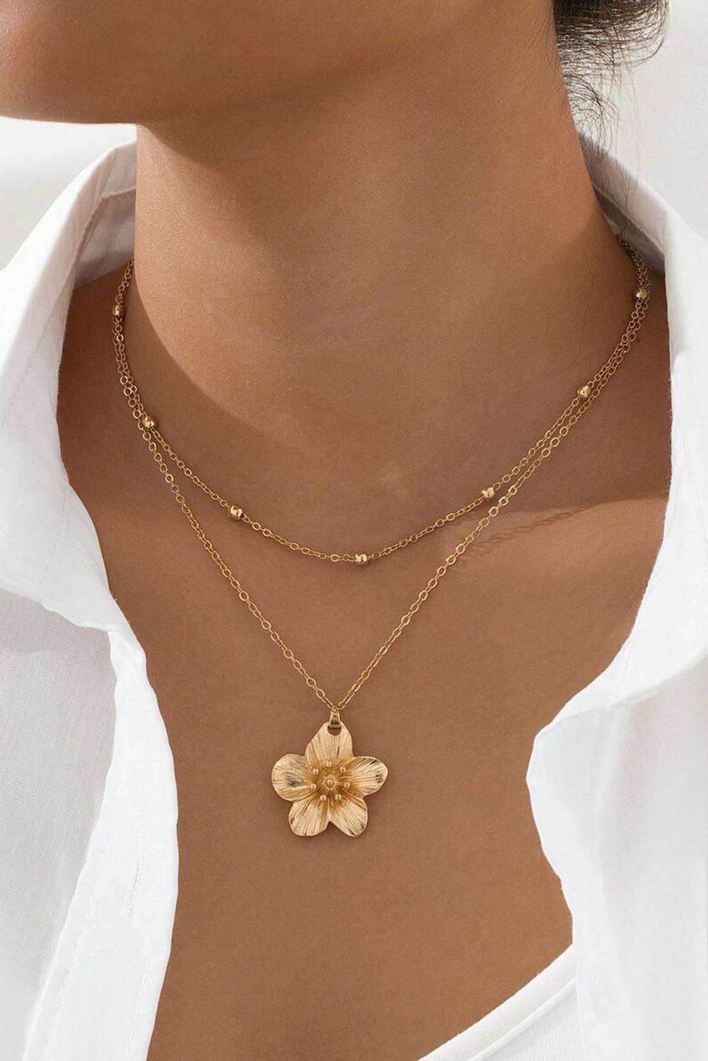 Gold Flower Pendant Beaded Double Chain Plated Necklace - loveforevers