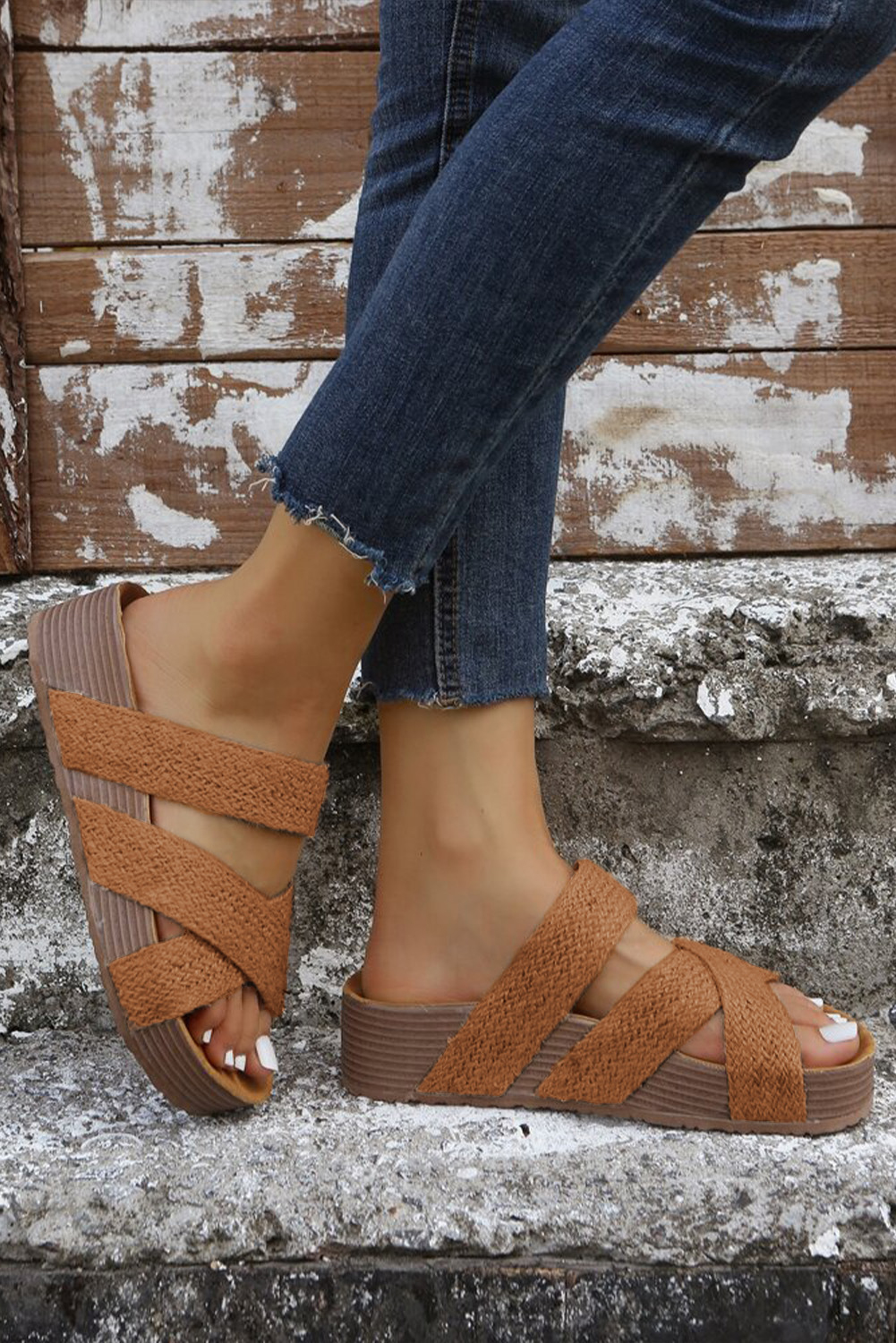 Brown Woven Cross Criss Hollowed Slip-On Slippers - loveforevers
