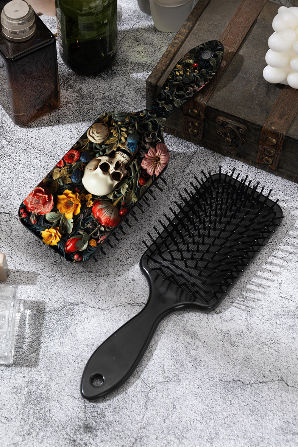 Black Gothic Flower Skull Print Air Cushion Comb - loveforevers
