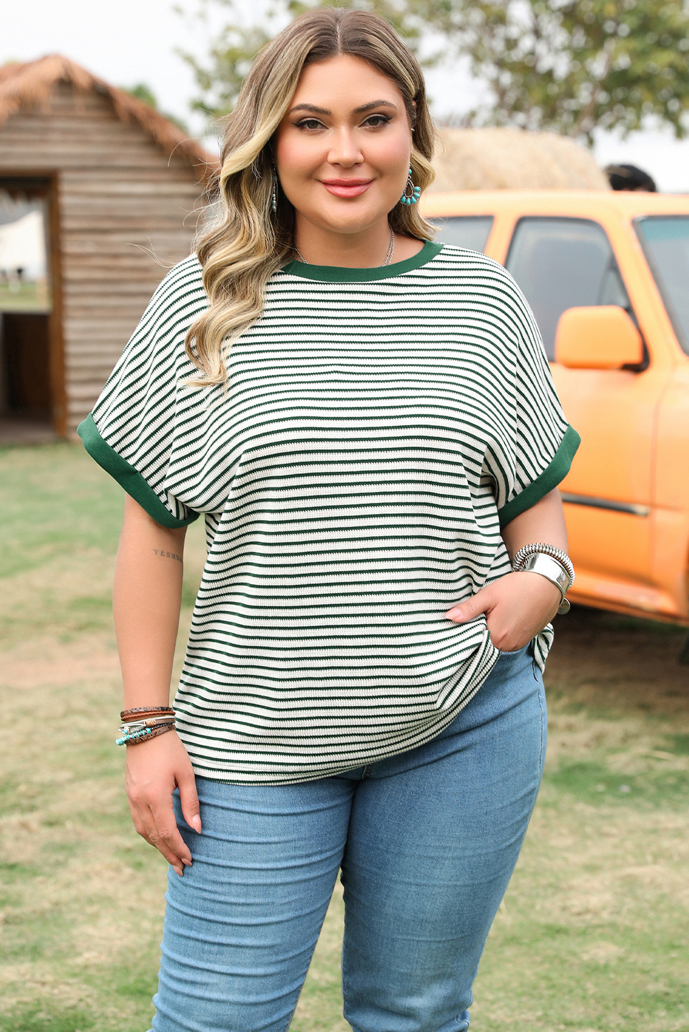 Green Stripe Trimmed Round Neck Plus Size Boxy Fit T-shirt - loveforevers