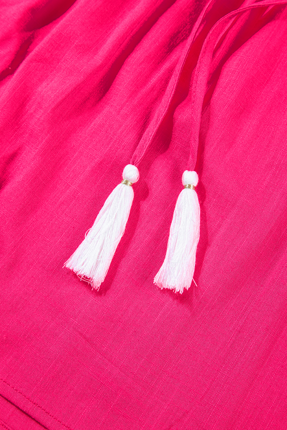 Strawberry Pink Geometric Embroidered Tassel Tie V Neck Blouse - loveforevers