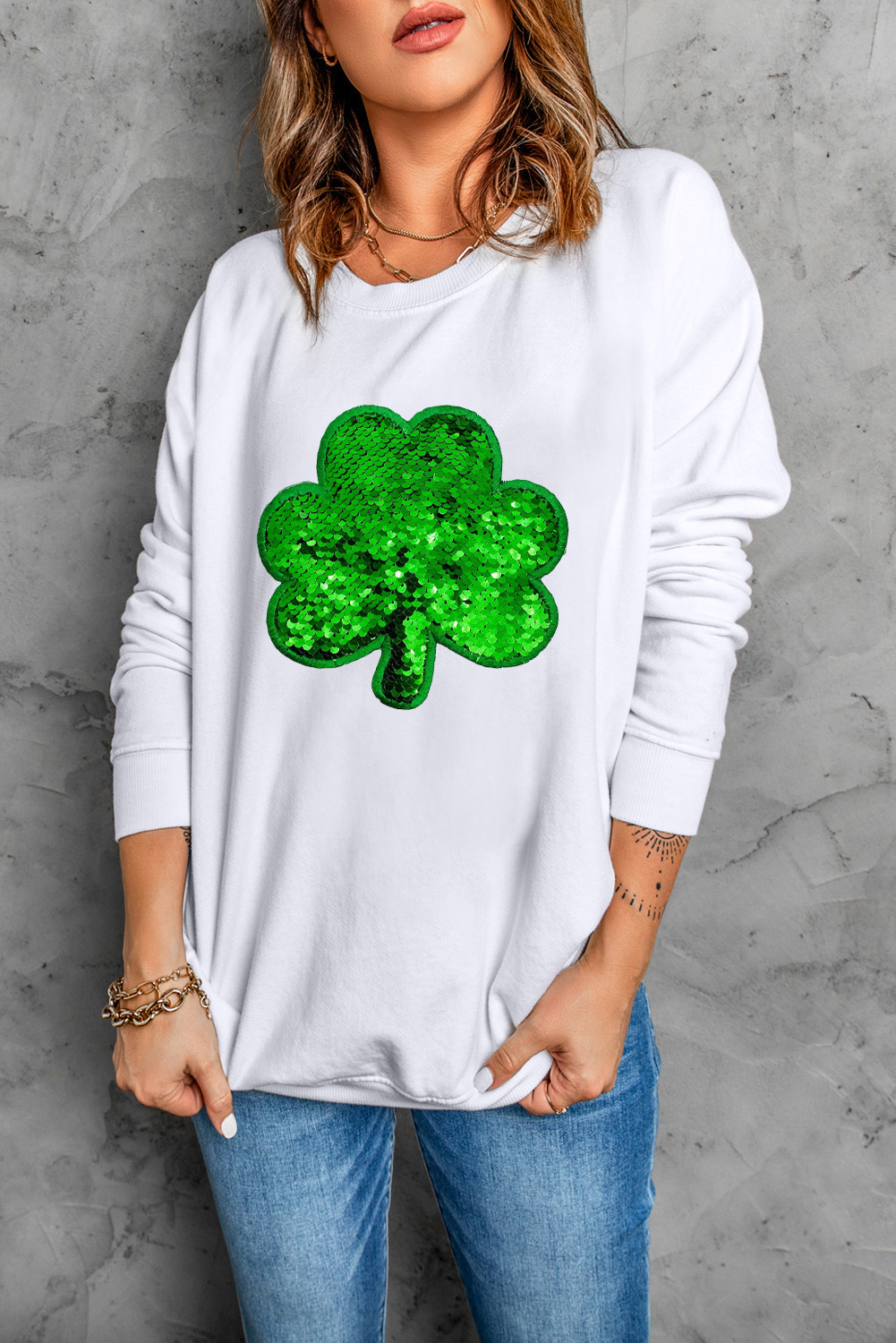 White Sequin Clover Embroidered Drop Shoulder Sweatshirt - loveforevers