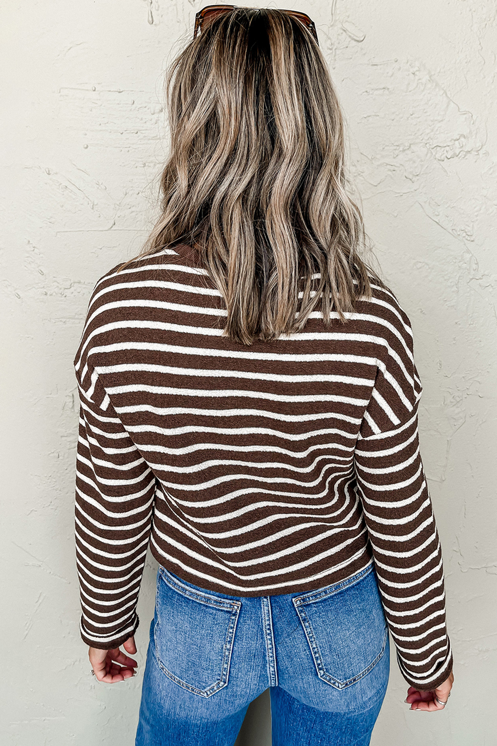 Brown Stripe Ribbed Cropped Crew Neck Long Sleeve T Shirt - loveforevers