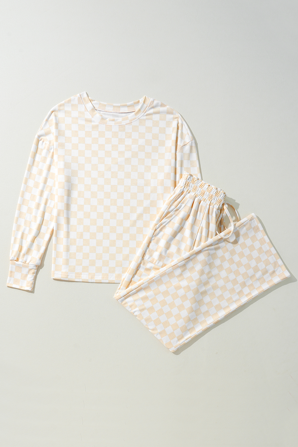 Beige Checkered Print Long Sleeve Top and Pants Lounge Set - loveforevers