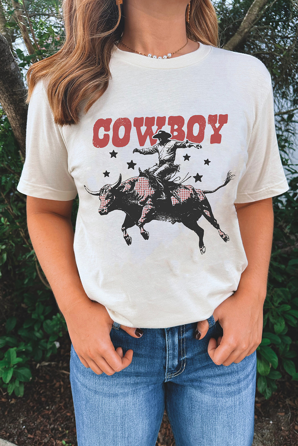 White COWBOY Star Graphic Crewneck Western Fashion Tee - loveforevers