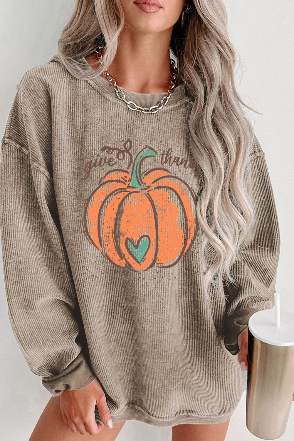 Khaki Give Thanks Pumpkin Graphic Corded Sweatshirt - loveforevers