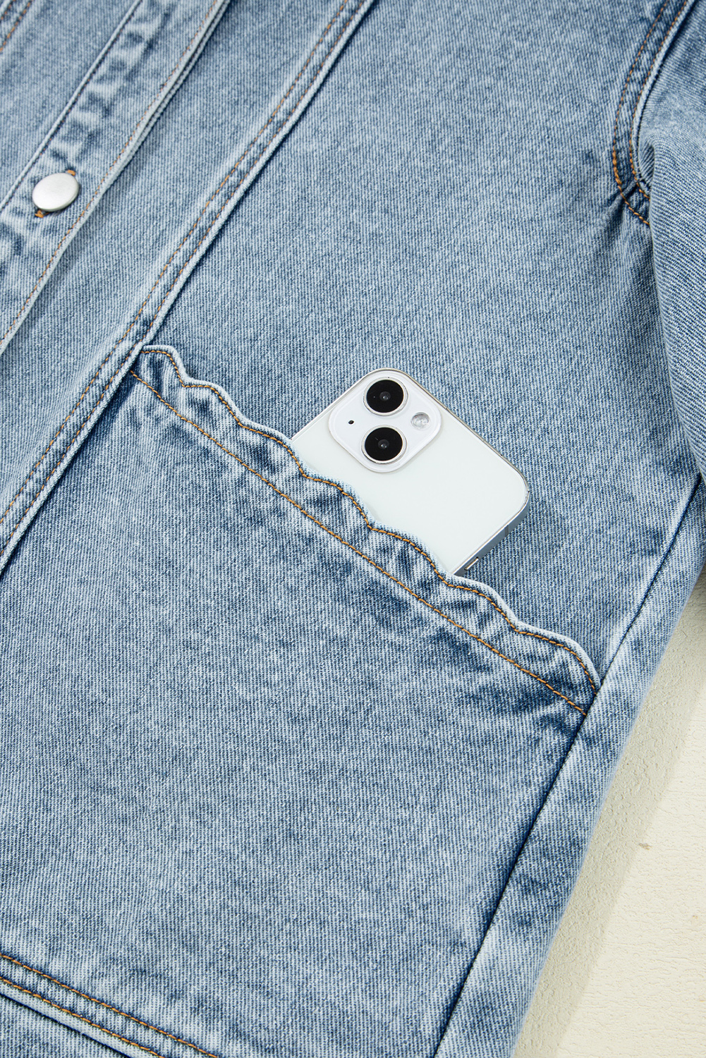 Myosotis Scallop Trim Collar Patched Pocket Button Up Mineral Washed Denim Jacket - loveforevers