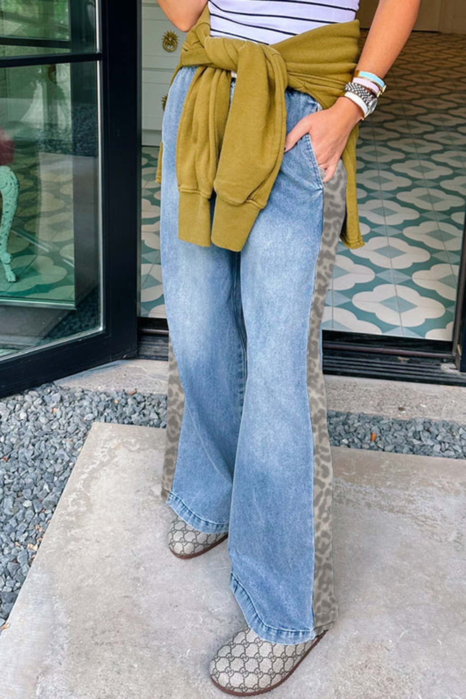 Beau Blue Drawstring Elastic Waist Leopard Striped Side Panel Wide Leg Jeans - loveforevers