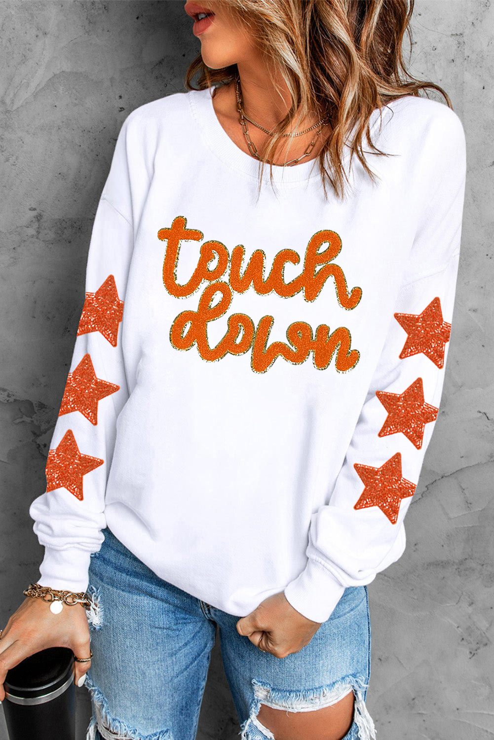 Beige Glittering Touch Down Patched Pattern Star Sleeve Sweatshirt - loveforevers