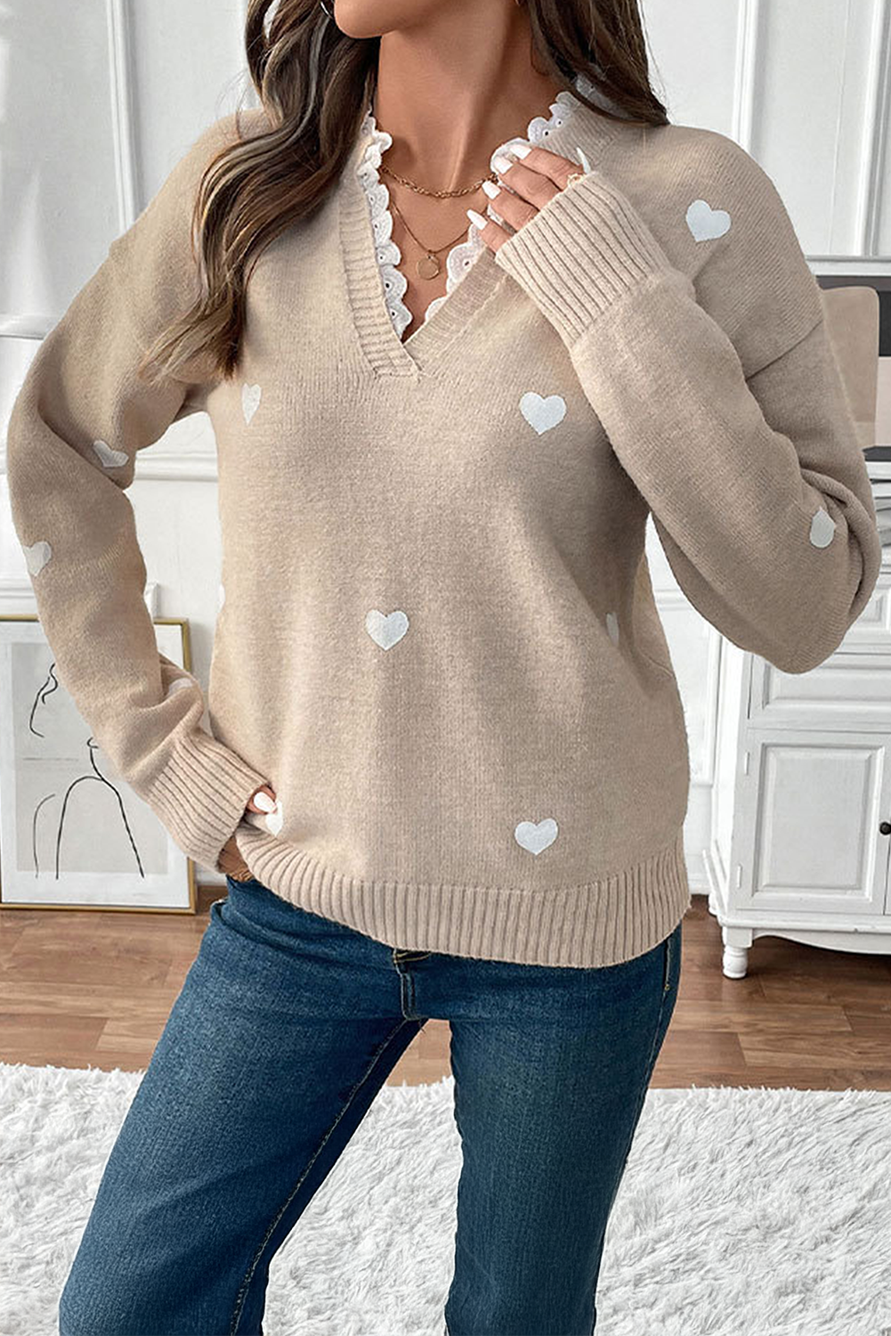 Smoke Gray Heart Print Lace Splicing V Neck Valentines Sweater - loveforevers