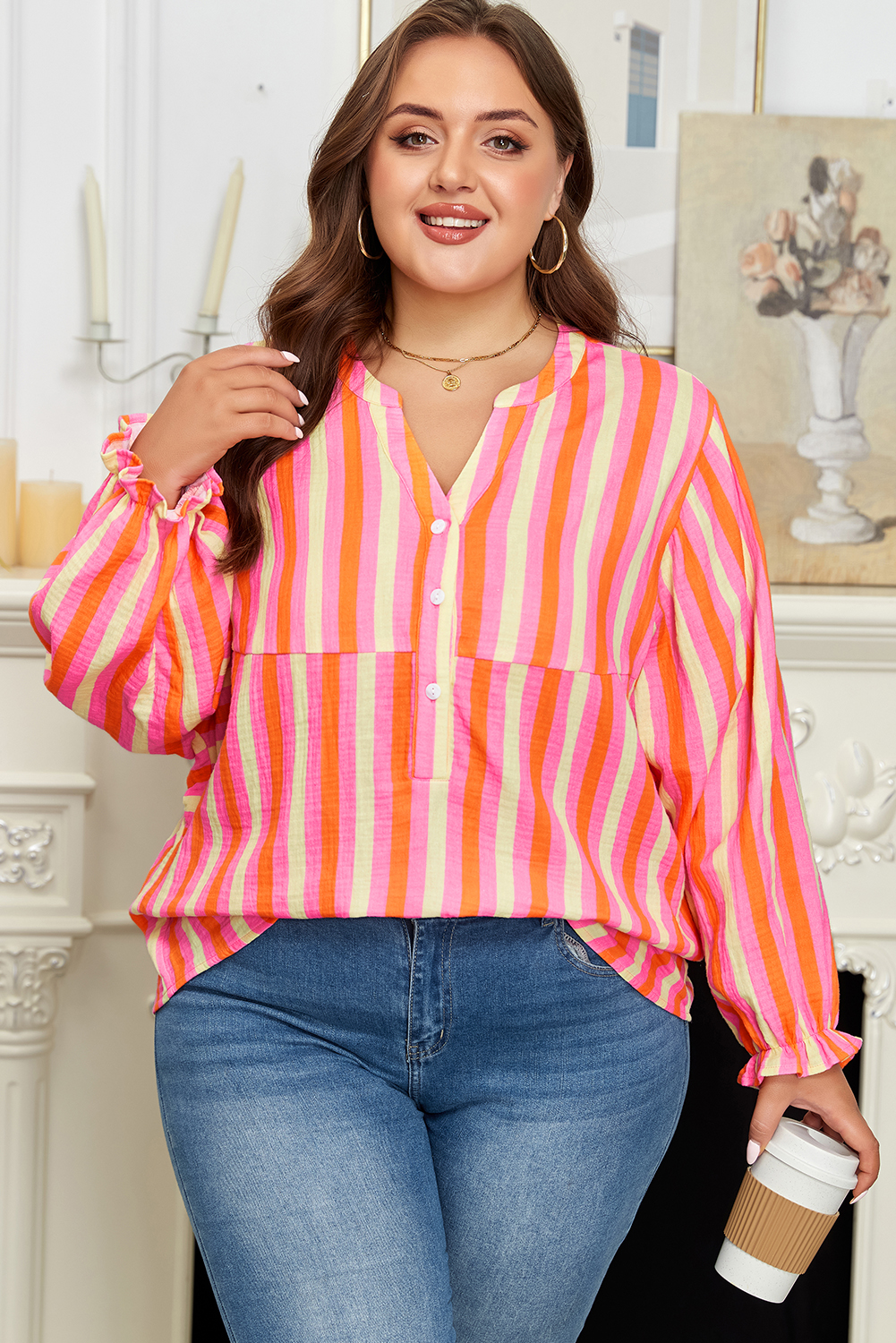 Pink Stripe Crinkled Half Buttons V Neck Plus Size Blouse - loveforevers