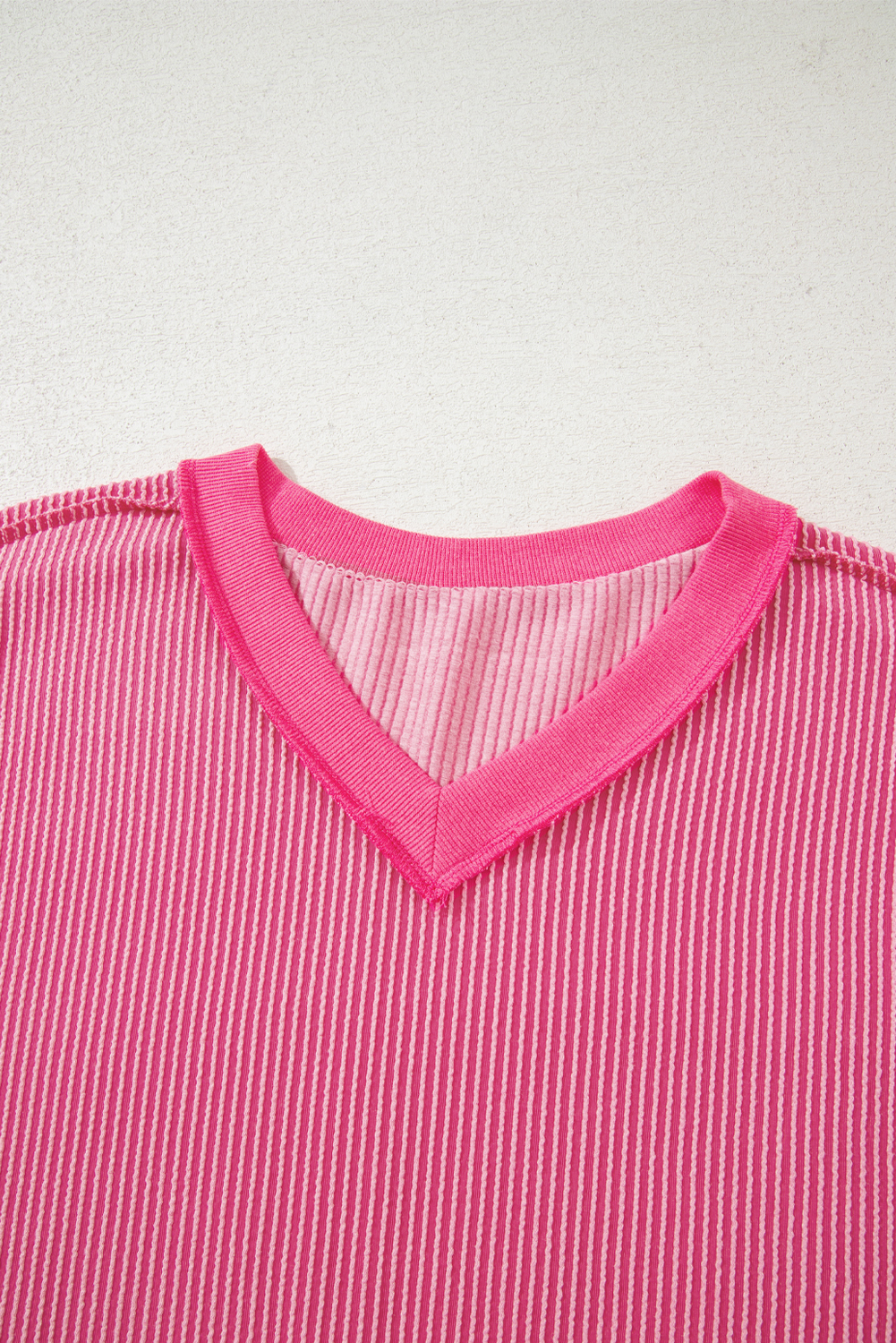 Rose Red Twisted Ribbed Knit V Neck Casual Tee - loveforevers