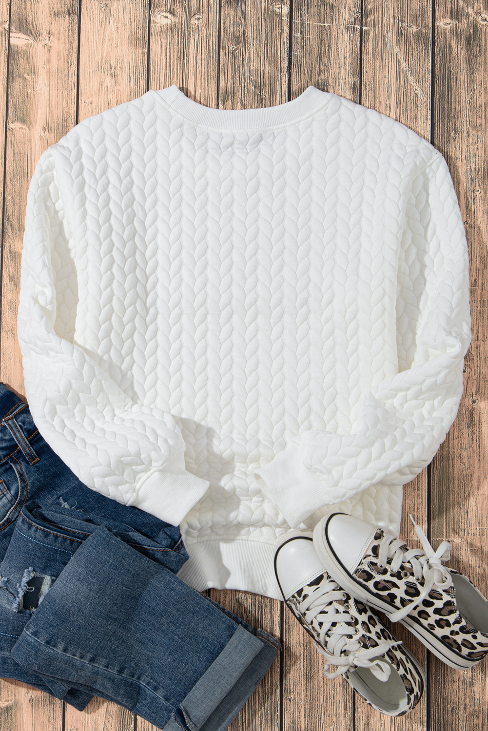 White LOVE Chenille Embroidered Cable Knit Pullover Sweatshirt - loveforevers