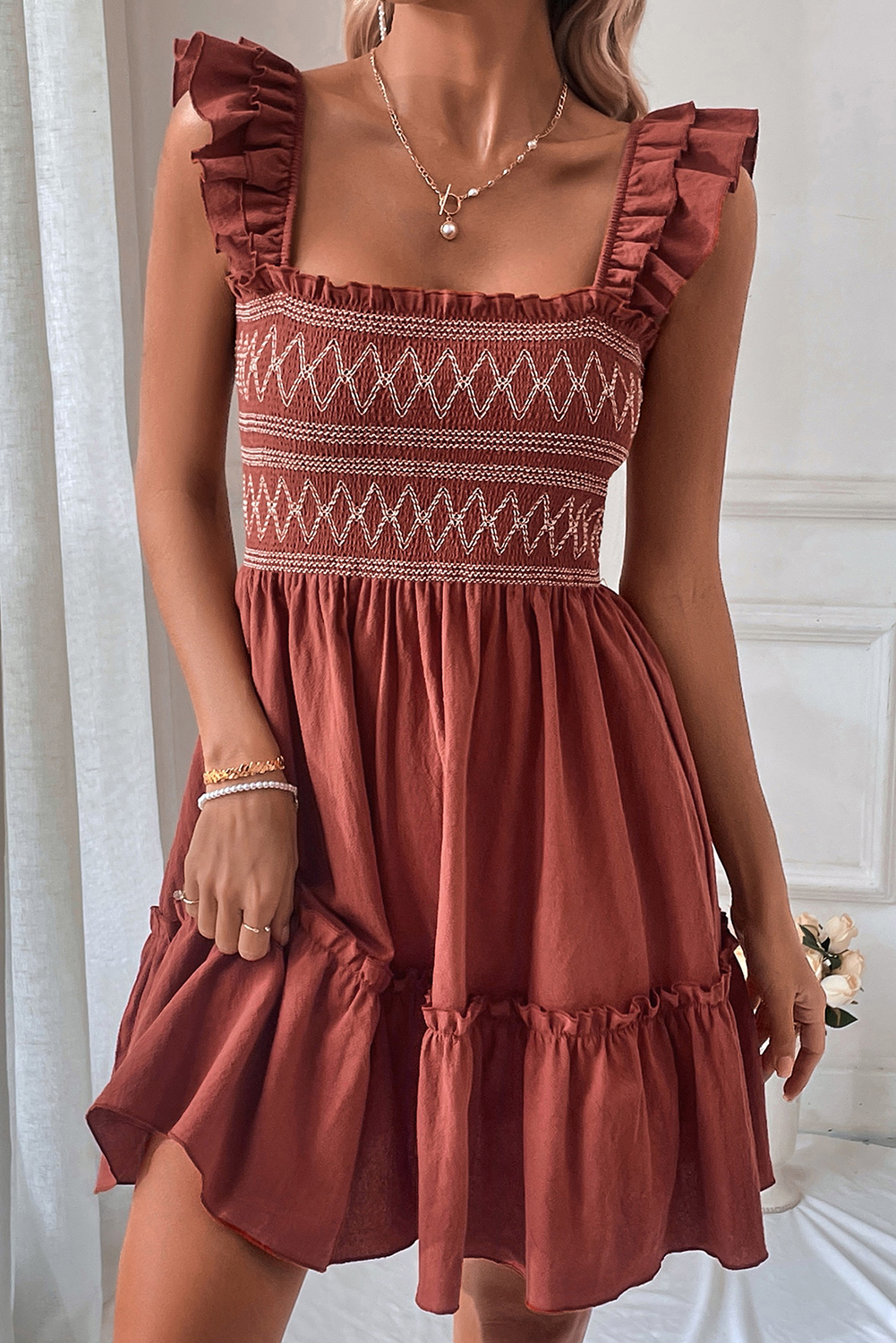 Red Sandalwood Geometric Stitch Shirred Bodice Ruffled Trim Sleeveless Mini Dress - loveforevers