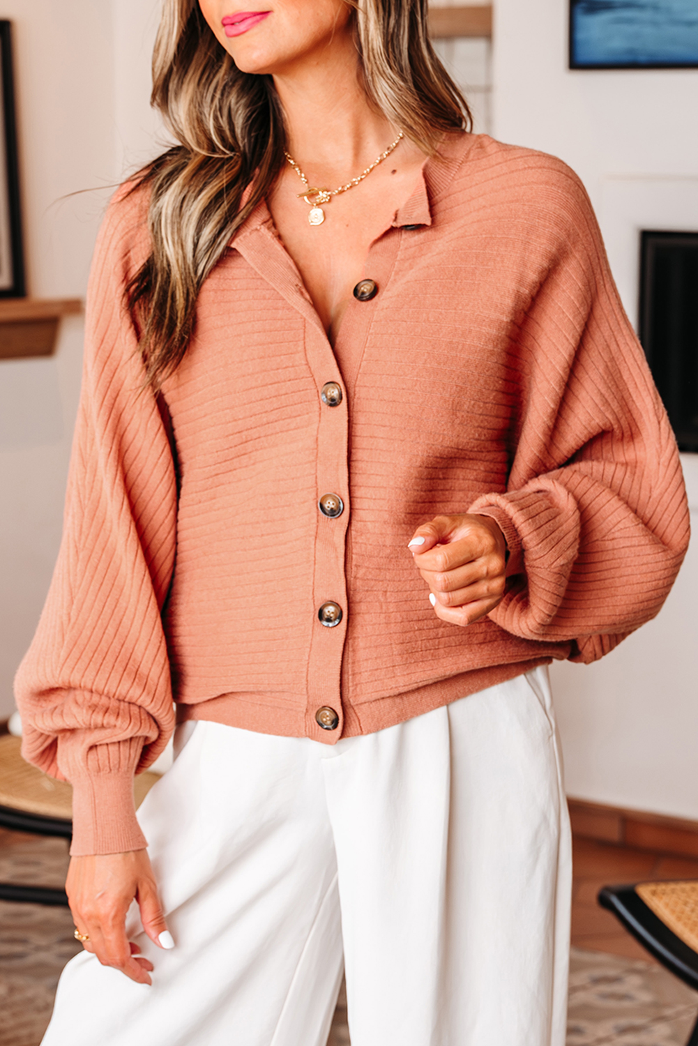 Apricot Pink Wide Rib Knit Button Front Dolman Sleeve Sweater Cardigan - loveforevers
