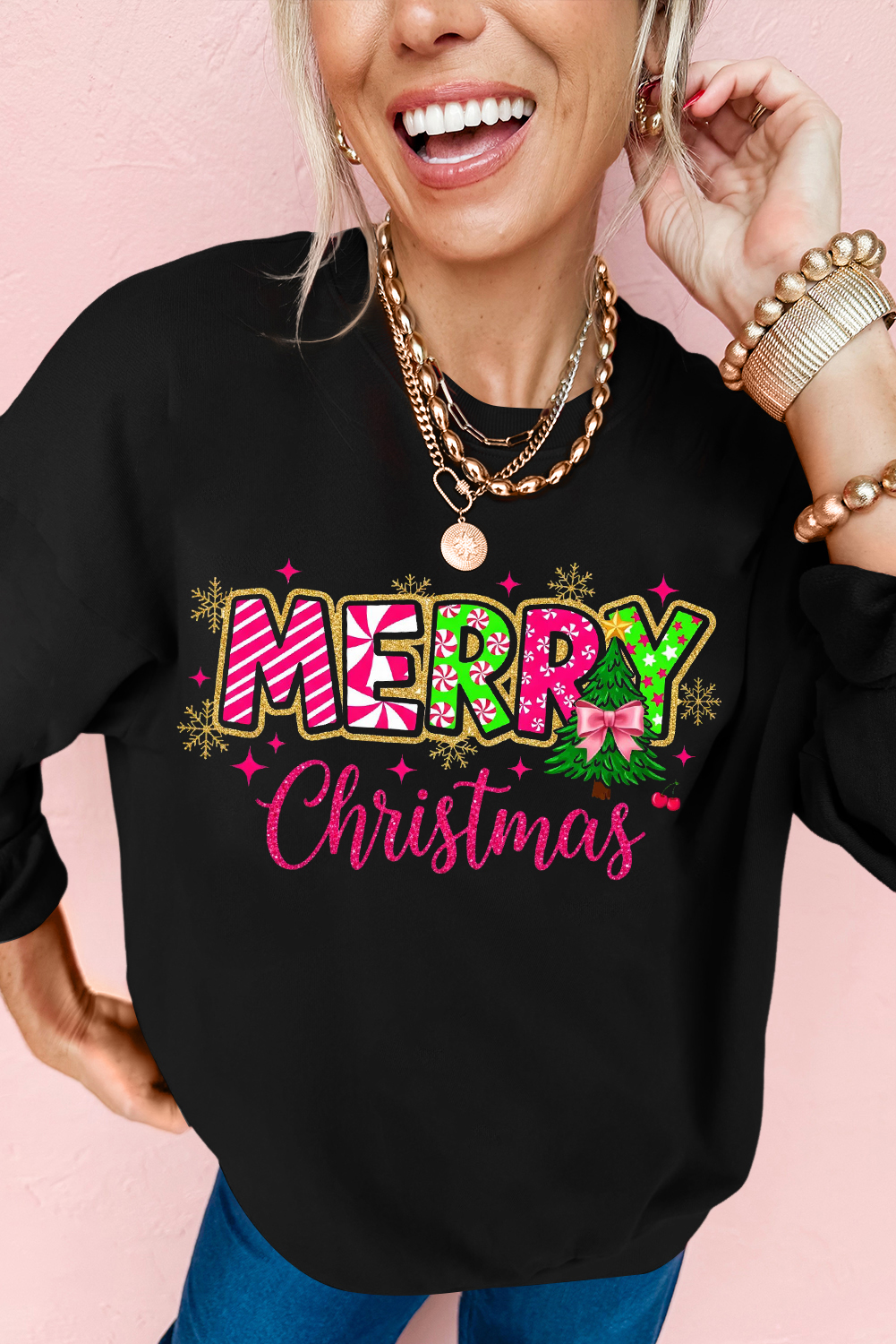 Black MERRY Christmas Playful Letter Print Drop Shoulder Sweatshirt - loveforevers