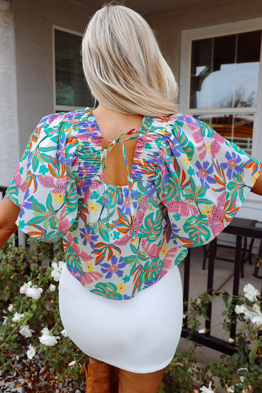 Green Plant Print Loose Fit Puff Sleeve Square Neck Blouse - loveforevers