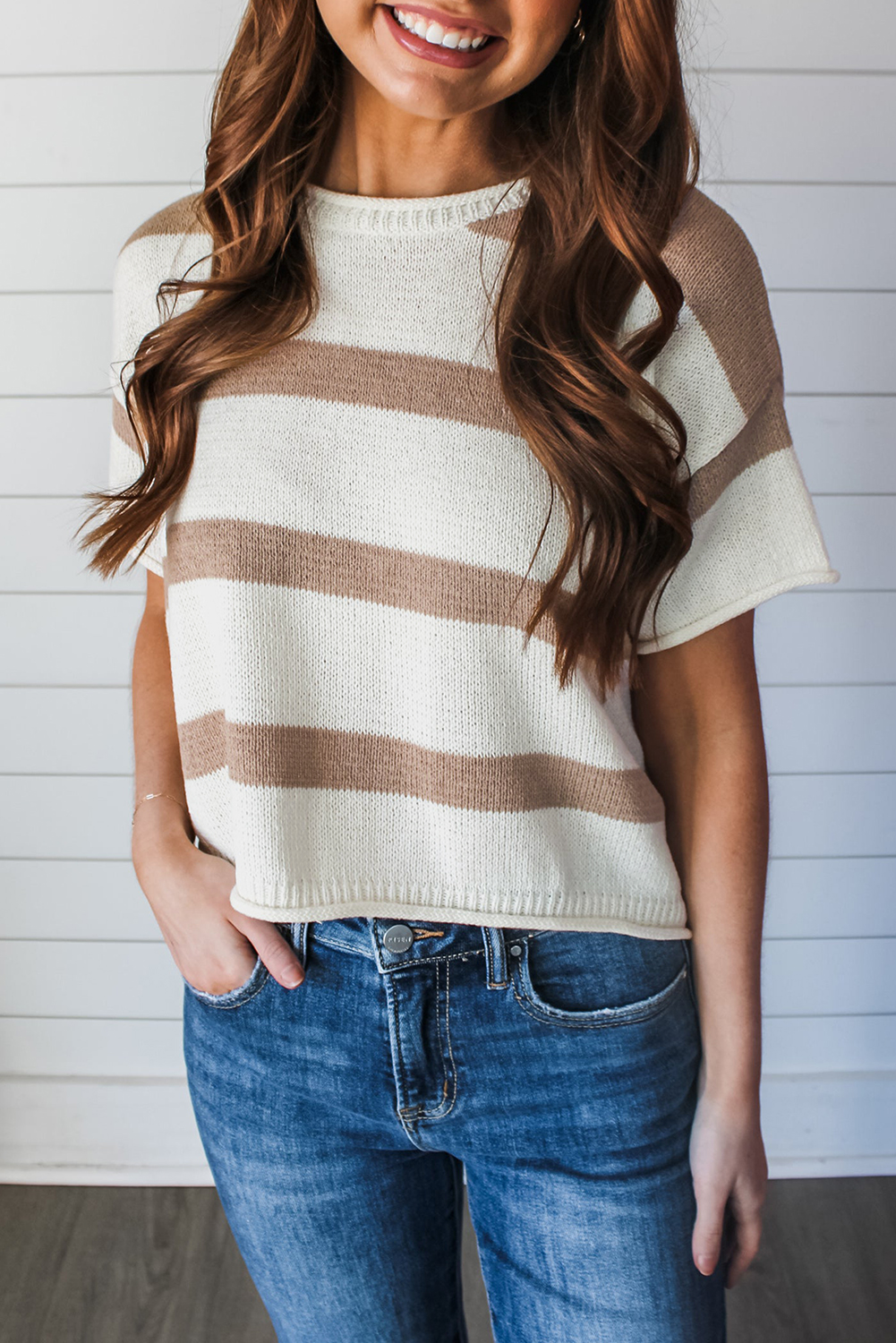 Khaki Stripe Dropped Short Sleeve Lightweight Knitted Top - loveforevers
