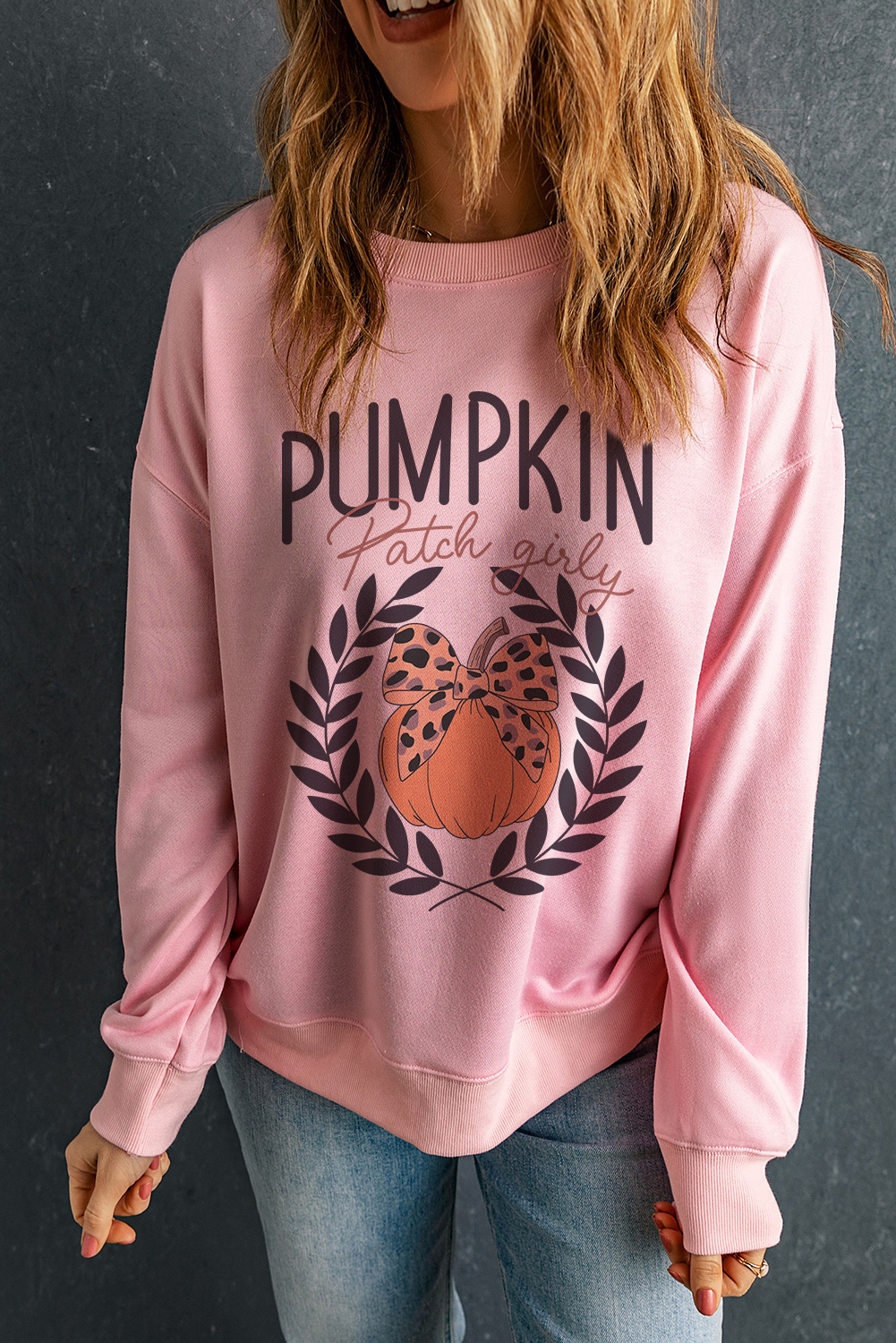 Pink Leopard Bowknot Pumpkin Graphic Halloween Sweatshirt - loveforevers
