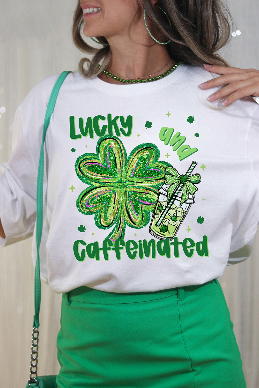 White Lucky and Caffeinated Clover Graphic St Patrick Tee - loveforevers