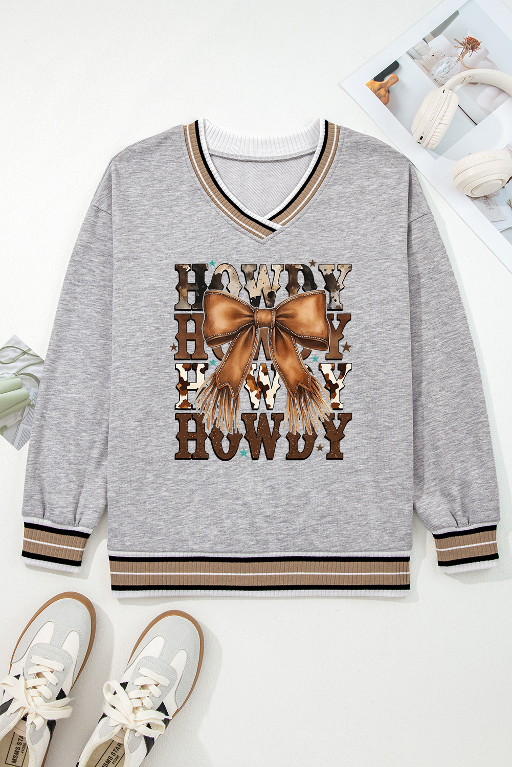 Gray Varsity Contrast Striped Trim V Neck Sweatshirt - loveforevers