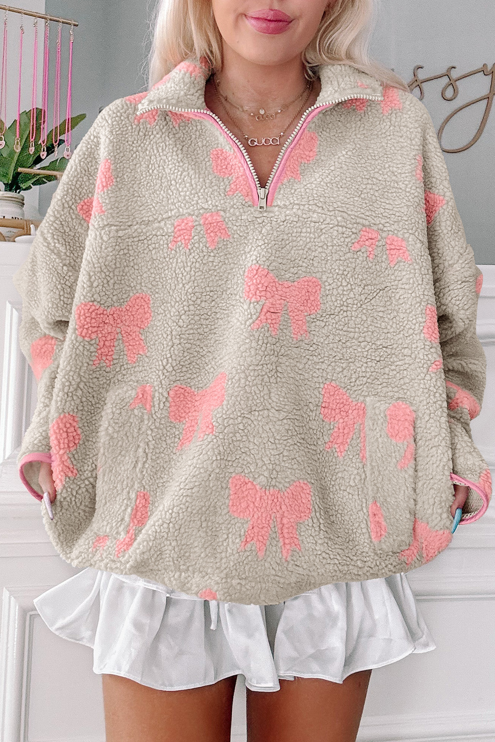 Gray Bow Sherpa Quarter Zip Drop Shoulder Baggy Sweatshirt - loveforevers