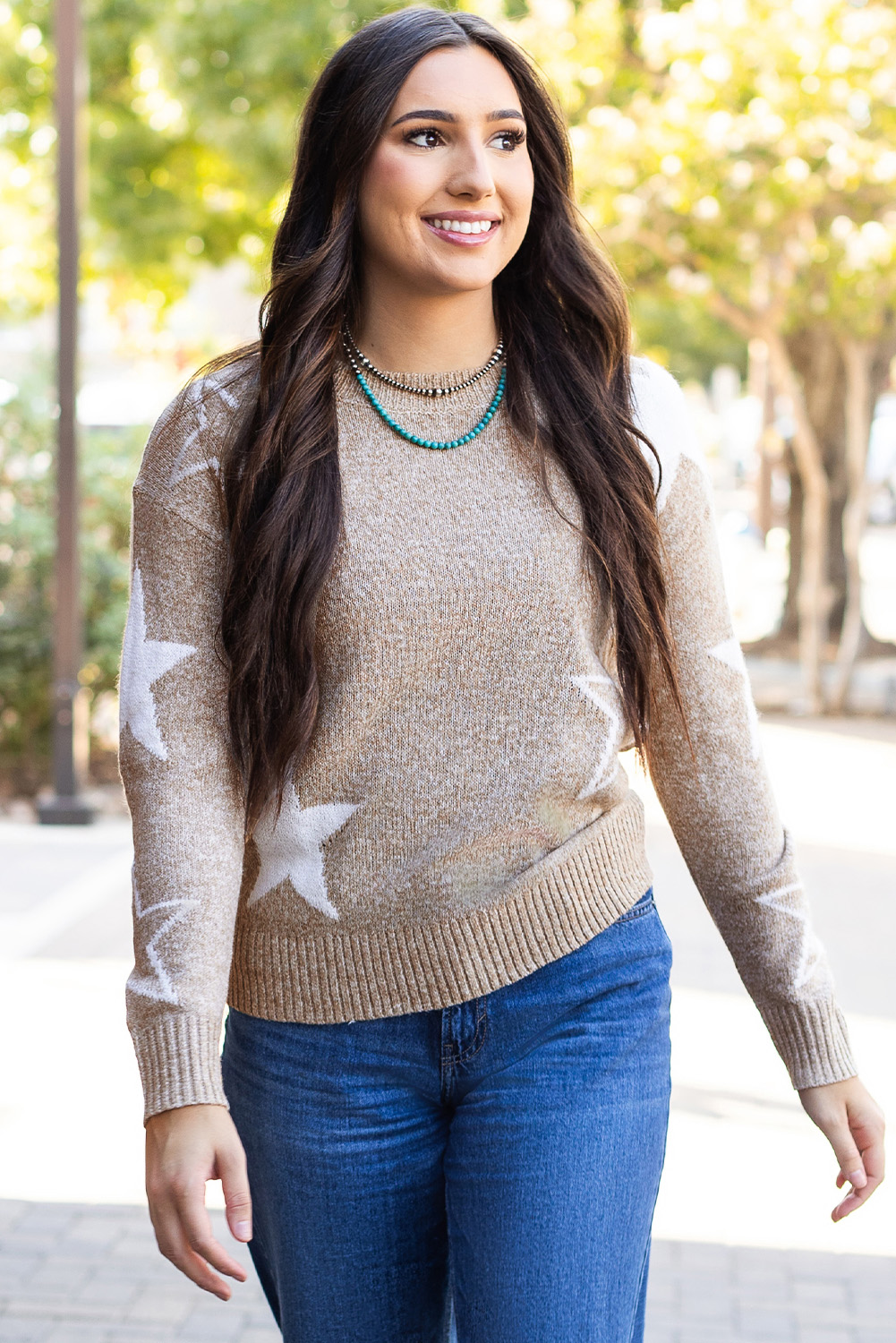 Khaki Star Pattern Drop Shoulder Sweater - loveforevers