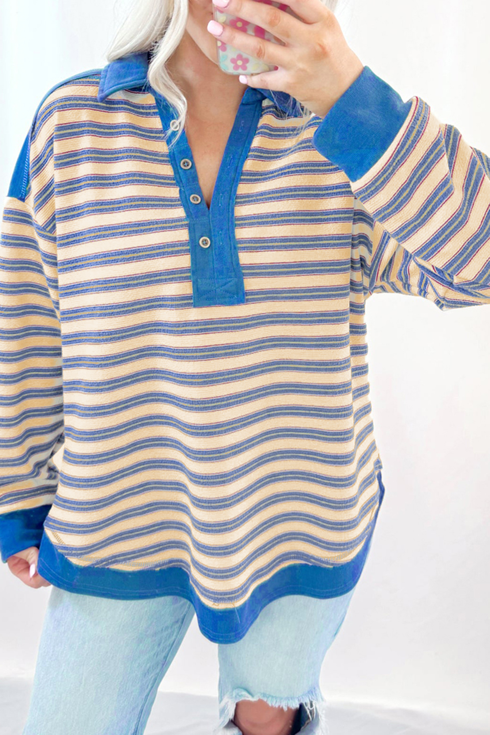 Red Stripe Buttoned V Neck Collared Drop Shoulder Top - loveforevers