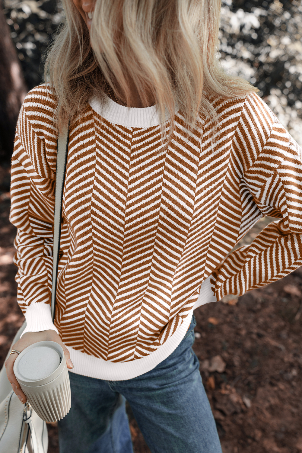 Coffee Contrast Edge Crew Neck Drop Shoulder Sweater - loveforevers