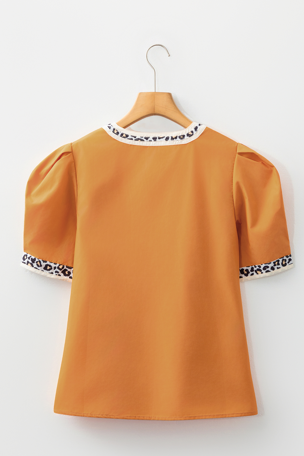 Buckskin Contrast Leopard Trim Split Neck Puff Sleeve Blouse - loveforevers