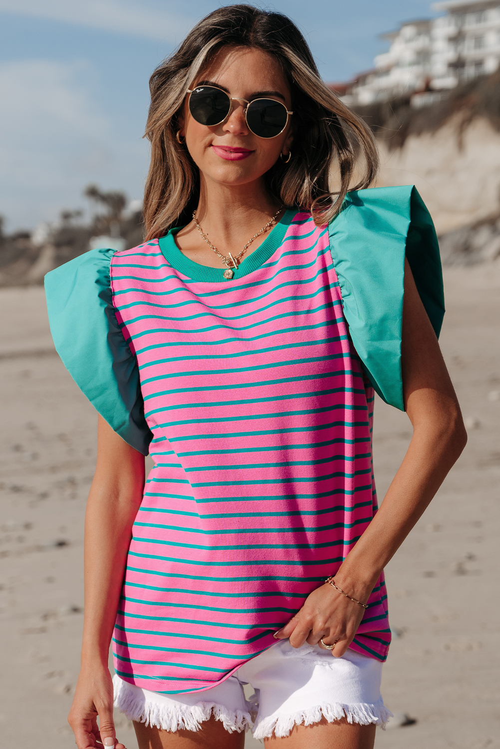 Pink Stripe Collared V Neck Puff Sleeve T Shirt Dress - loveforevers