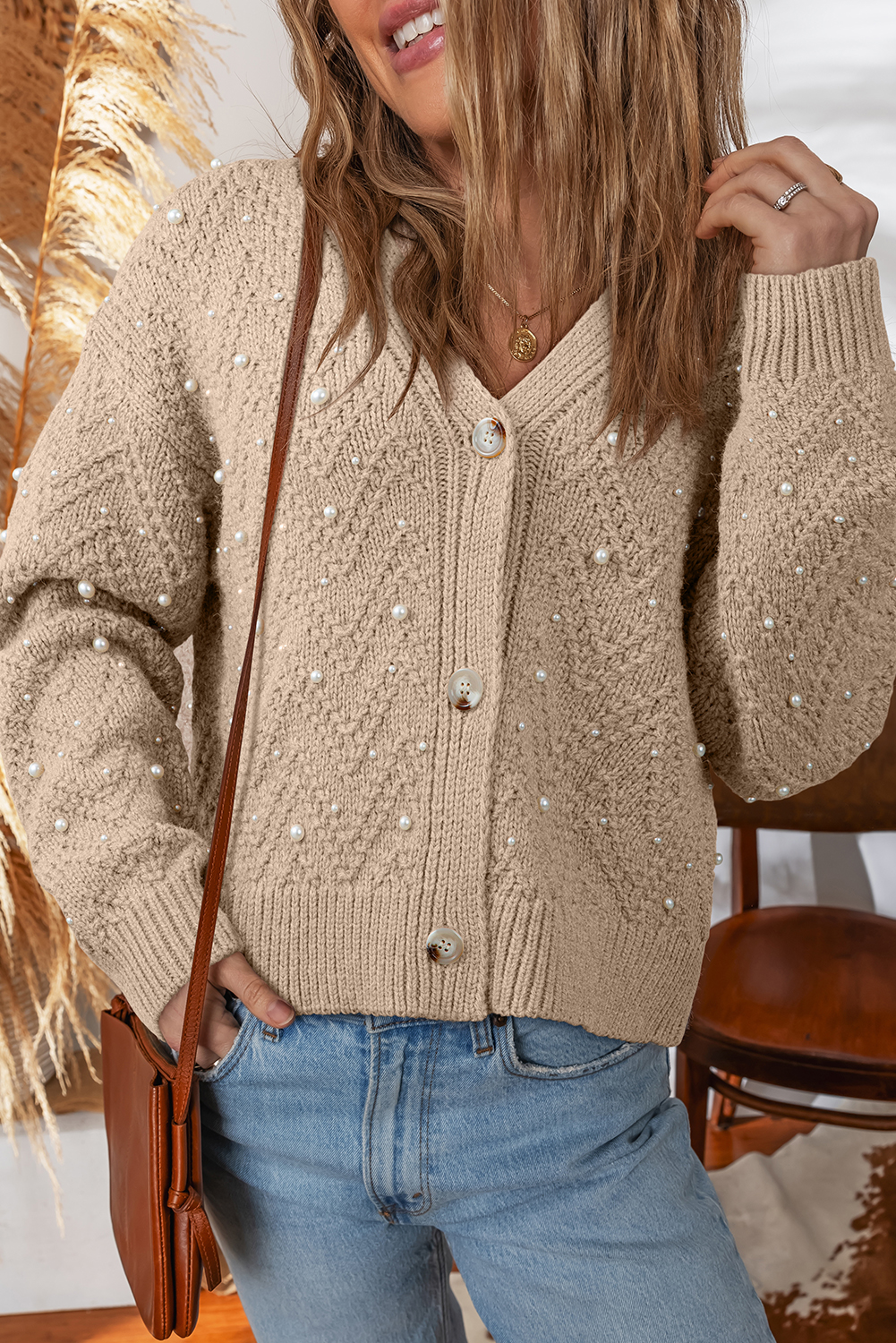 Smoke Gray Pearl Embellished Button Front V Neck Sweater Cardigan - loveforevers
