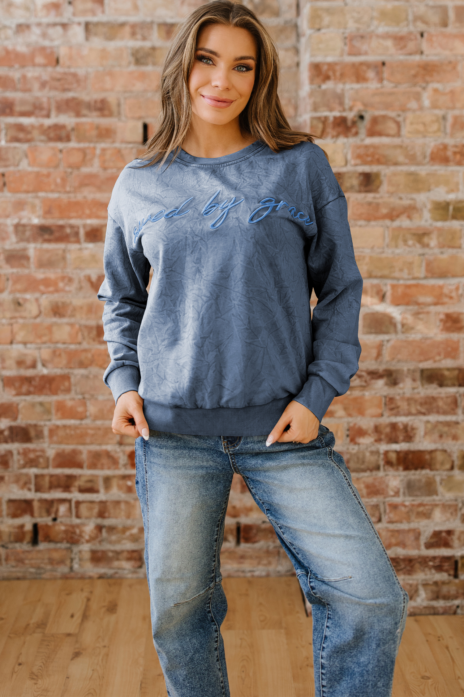 DUNE saved by grace Letter Embroidery Mineral Wash Loose Sweatshirt - loveforevers