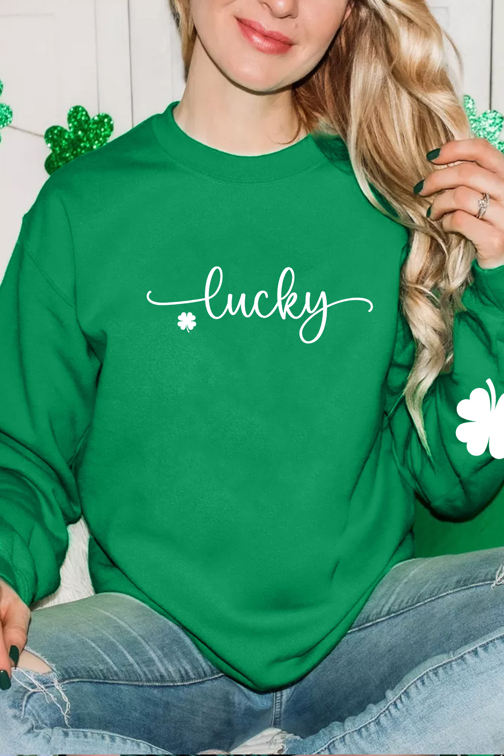 Dark Green Lucky Four Leaf Clover Graphic St Patricks Pullover Sweatshirt - loveforevers