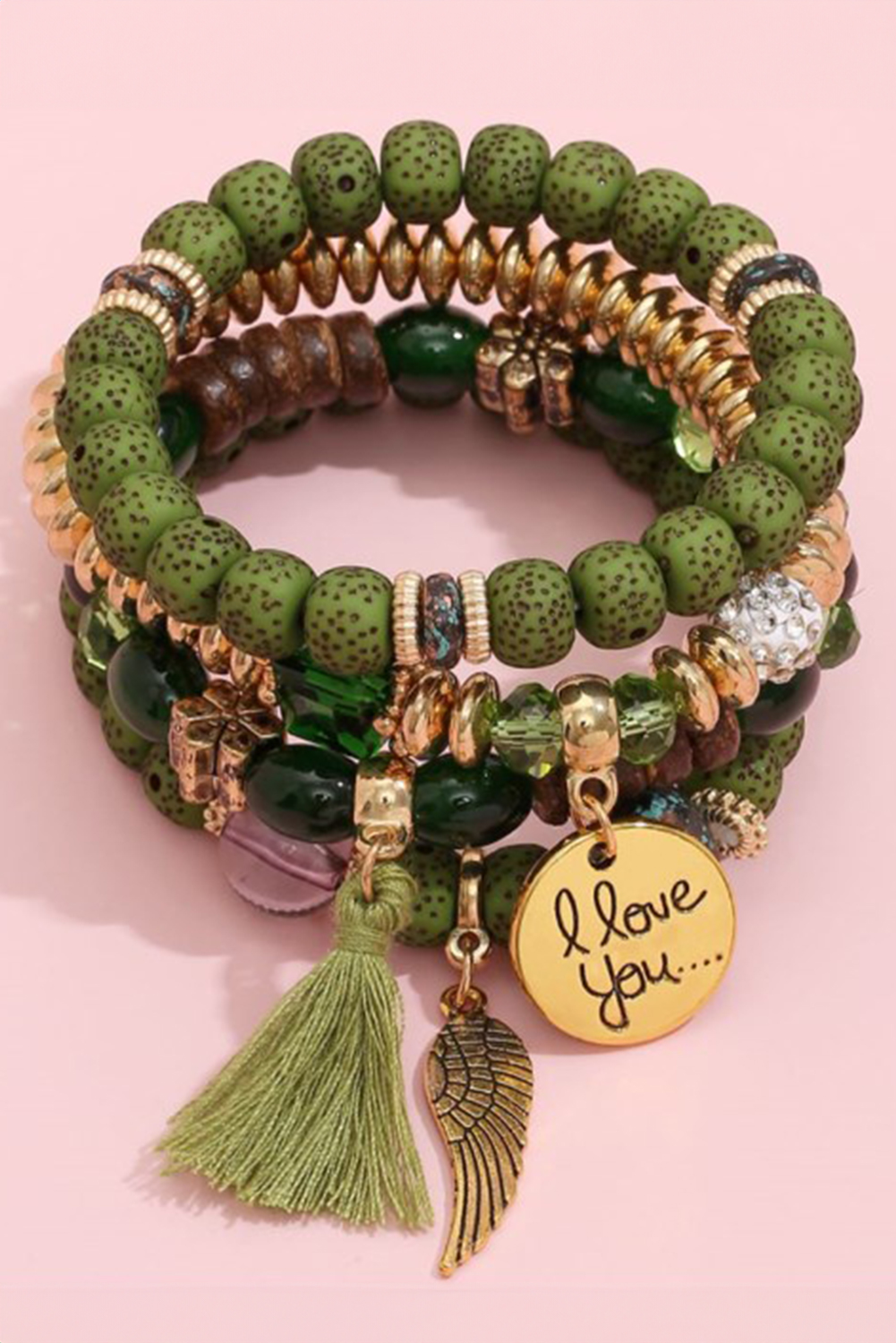 Red Dahlia 4pcs Boho Disc Tassel Wing Pendant Beaded Bracelet Set - loveforevers