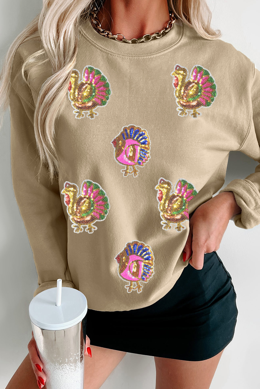 Khaki Sequin Thanksgiving Turkey Graphic Baggy Sweatshirt - loveforevers