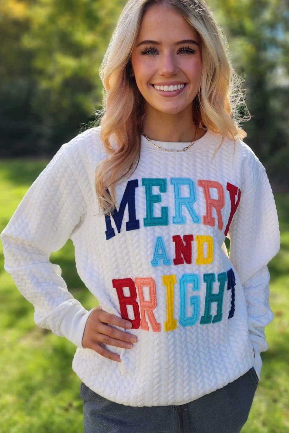 White LOVE Chenille Embroidered Cable Knit Pullover Sweatshirt - loveforevers