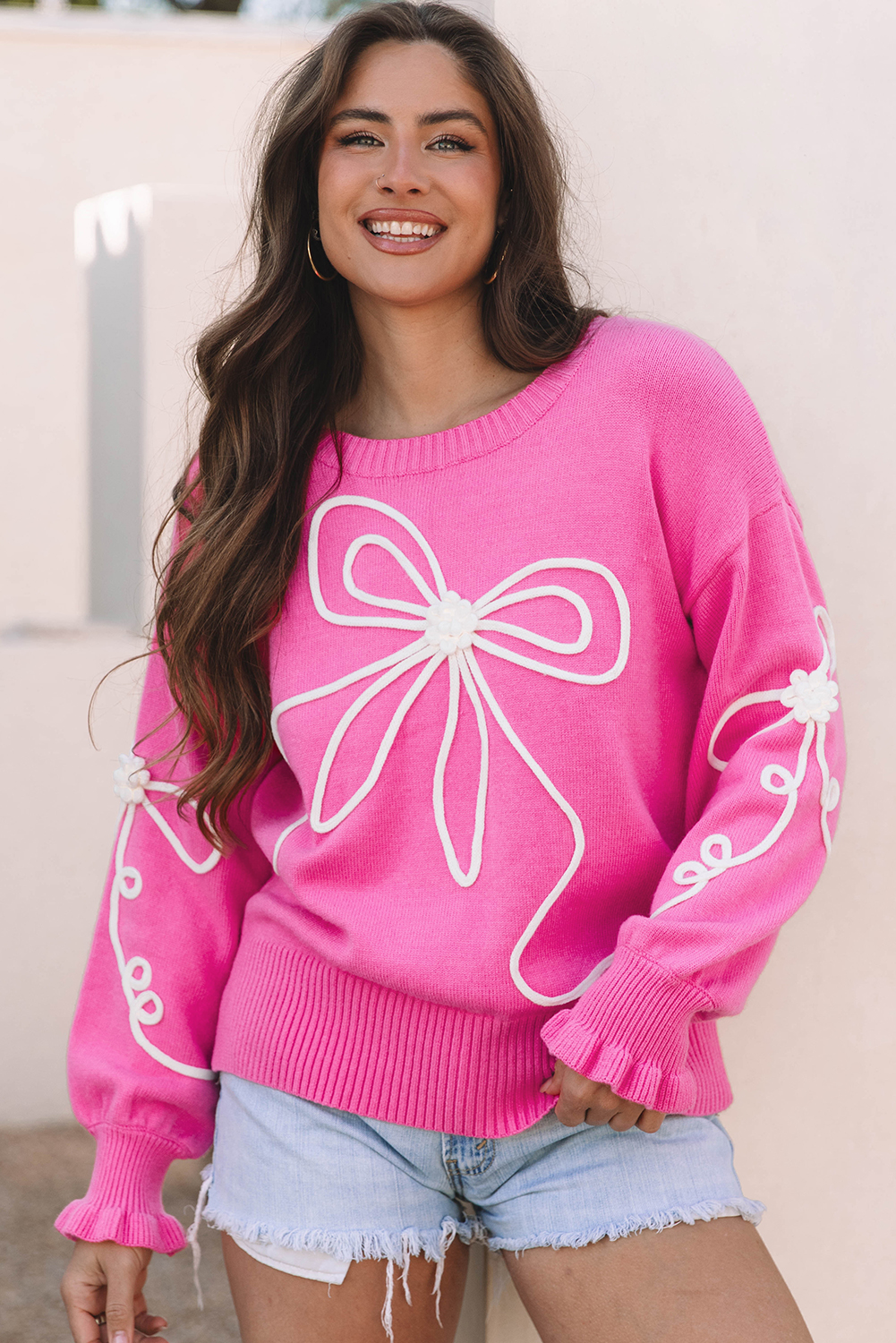 Bright Pink Corded Flower Bow Ribbed Trim Casual Sweater - loveforevers