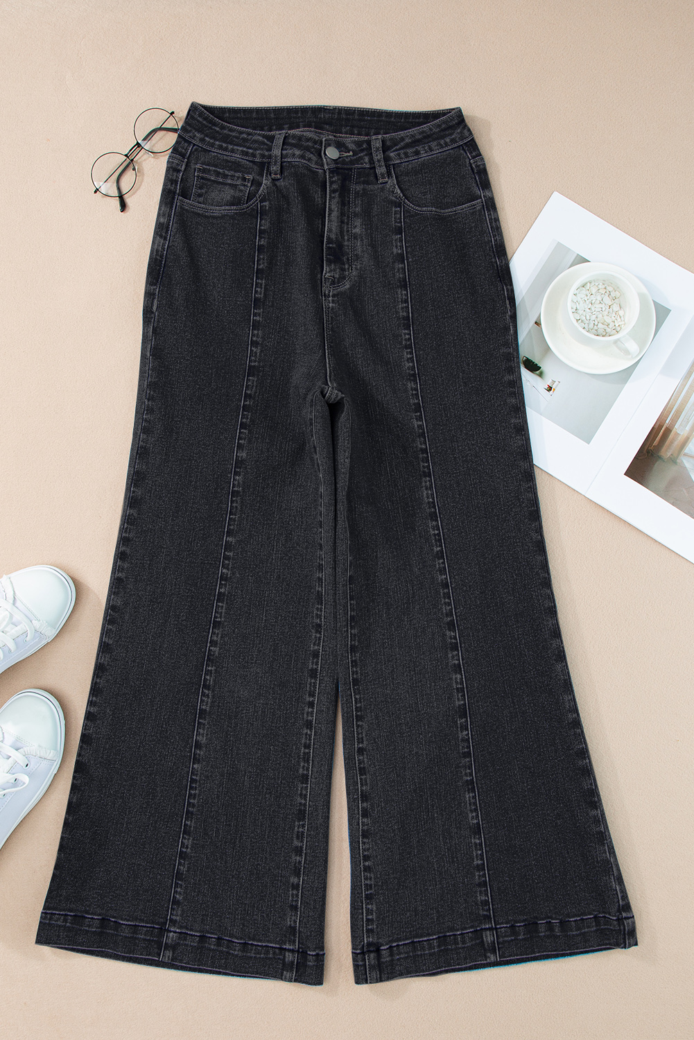 Black Plain Seam Detail Flared Bottom Ankle Length Jeans - loveforevers