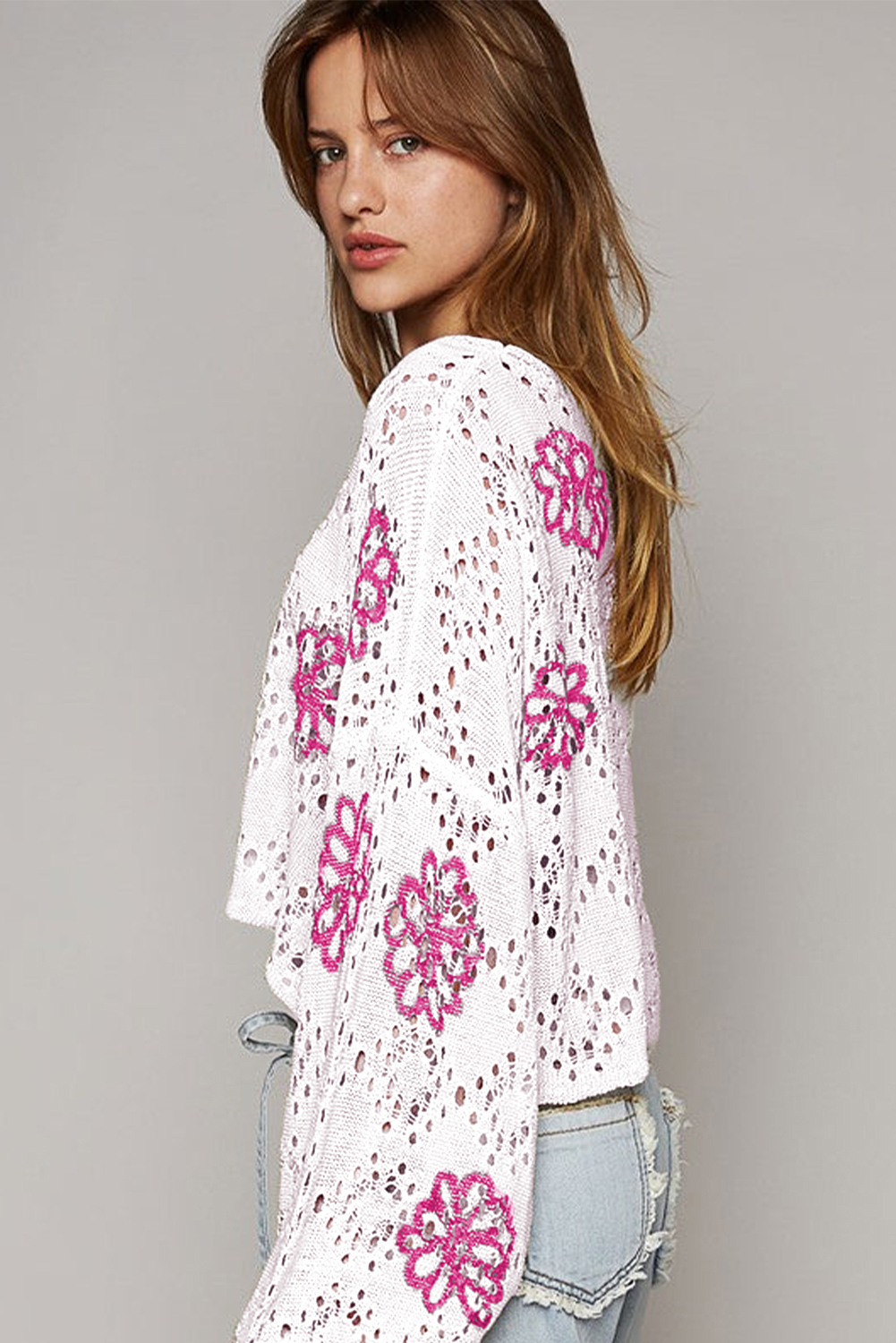 Beige Contrast Flower Print Eyelet Drop Shoulder Sweater - loveforevers
