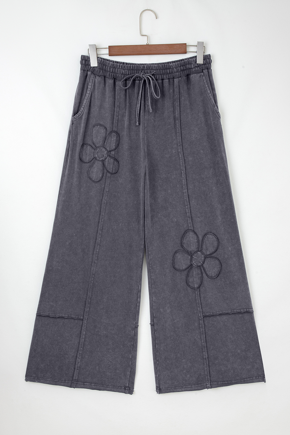 Light Grey Flower Patch Mineral Washed Terry Knit Cropped Wide Leg Pants - loveforevers