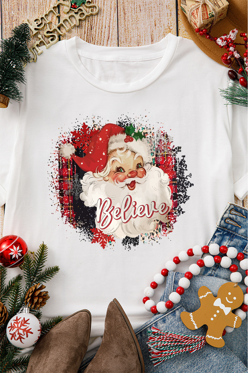 White Believe Christmas Father Graphic Crewneck T Shirt - loveforevers