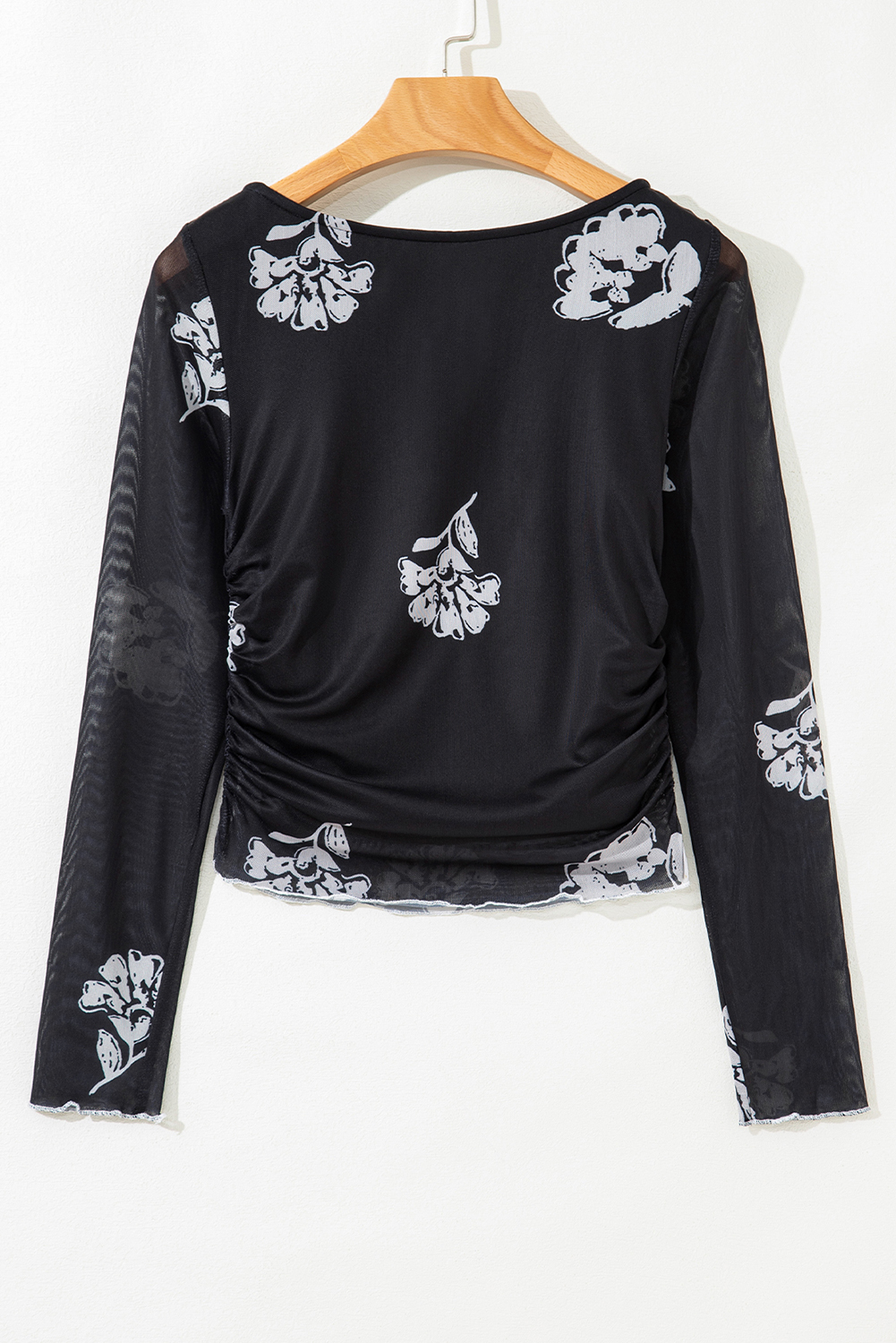 Black Floral Print Sleek Bodice Mesh Long Sleeve Top - loveforevers