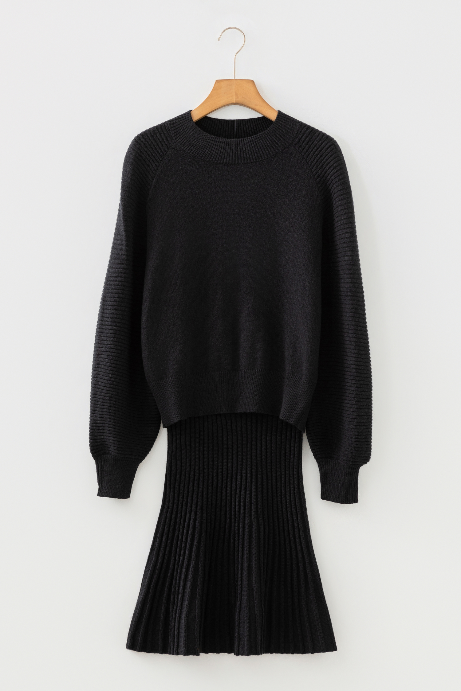 Smoke Gray High Neck Puff Sleeve Sweater Pleated Mini Skirt 2pcs Knitted Outfit - loveforevers