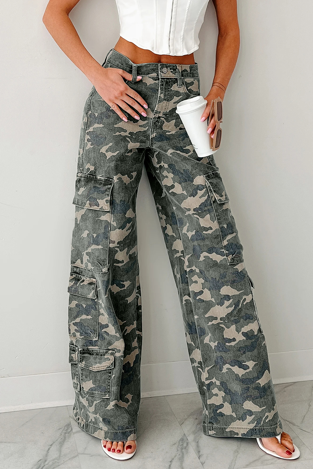 Green Camo Denim Cargo Wide Leg Pants - loveforevers