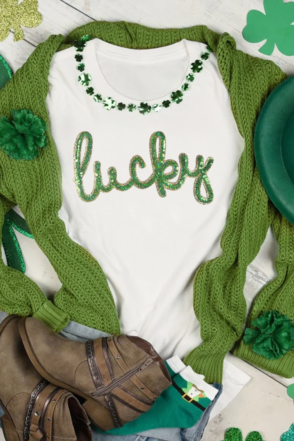 White Sequined Lucky St.Patricks Day Graphic Tee - loveforevers