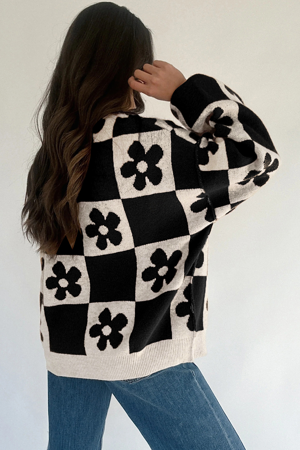 Black Flower Plaid Henley Baggy Sweater - loveforevers